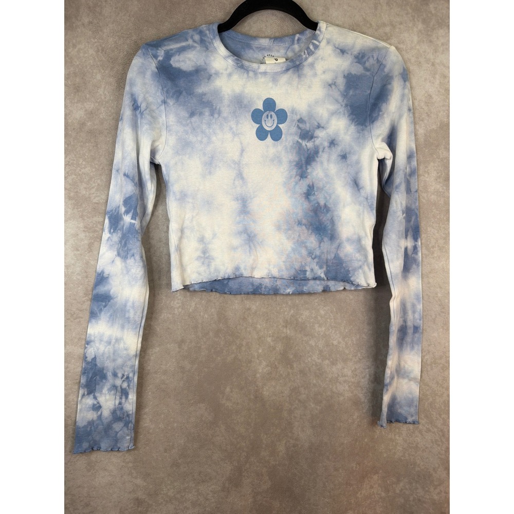 NWT Pac Sun Crop Top Women Small Blue Tie Dye Smiley Flower Lettuce Edge Tee Y2K